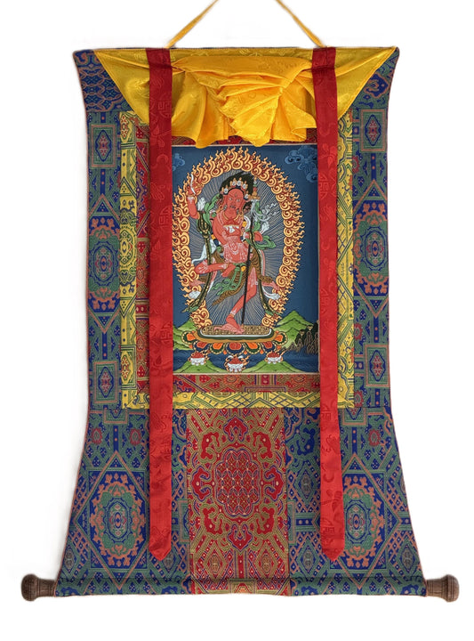 Hand-Painted Vajravarahi Thangka with Silk Brocade