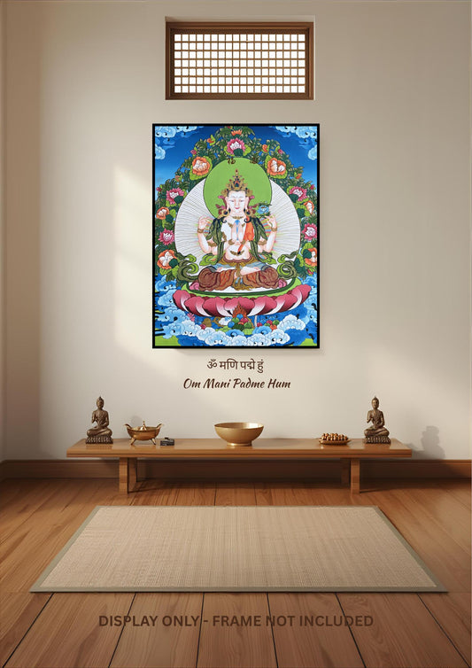 Four Armed Avalokiteshvara Chenrezig Thangka Hand Painted Tibetan Buddhist Art
