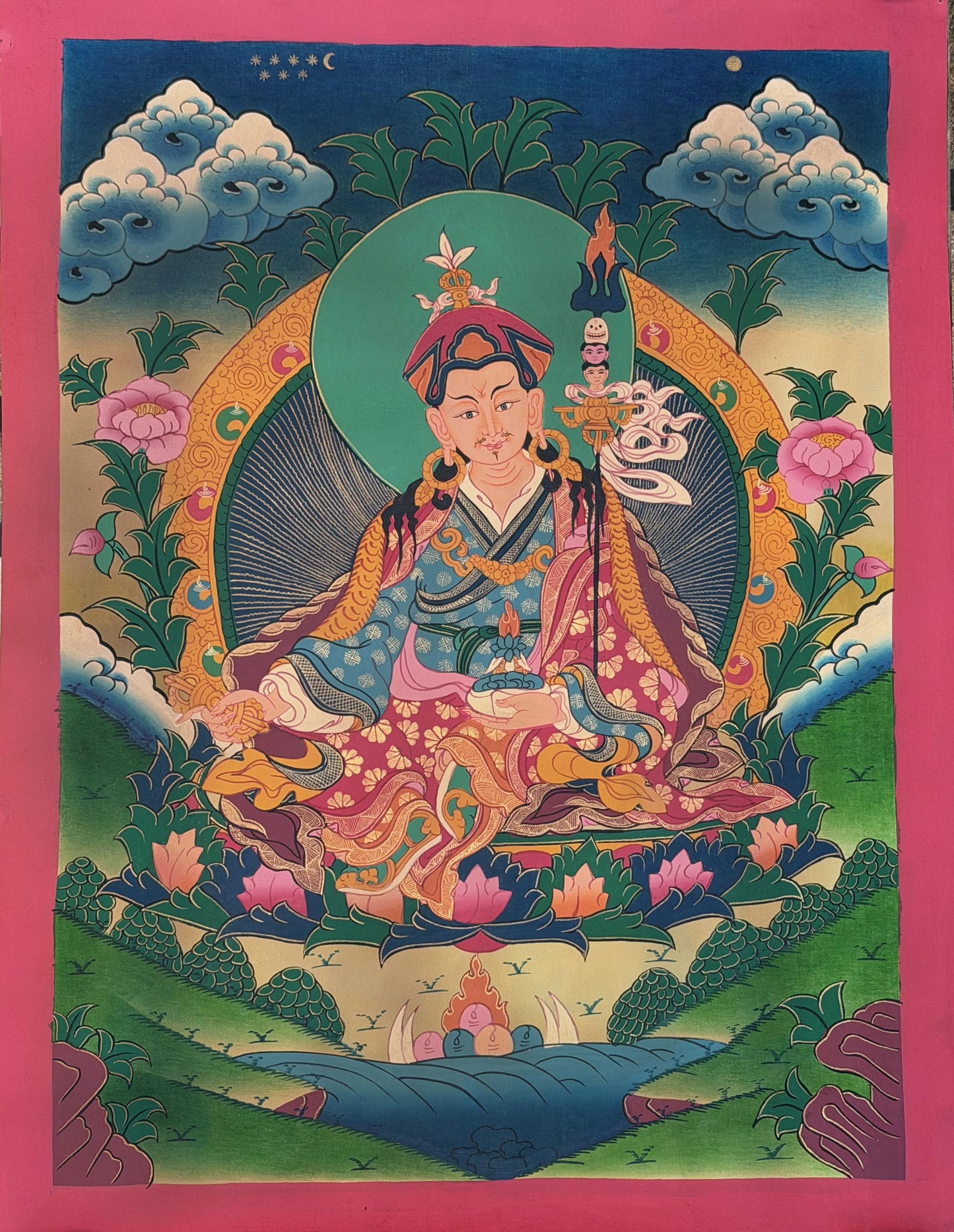 Hand-Painted Guru Rinpoche Padmasambhava Thangka | Smoky Tibetan Buddhist Art