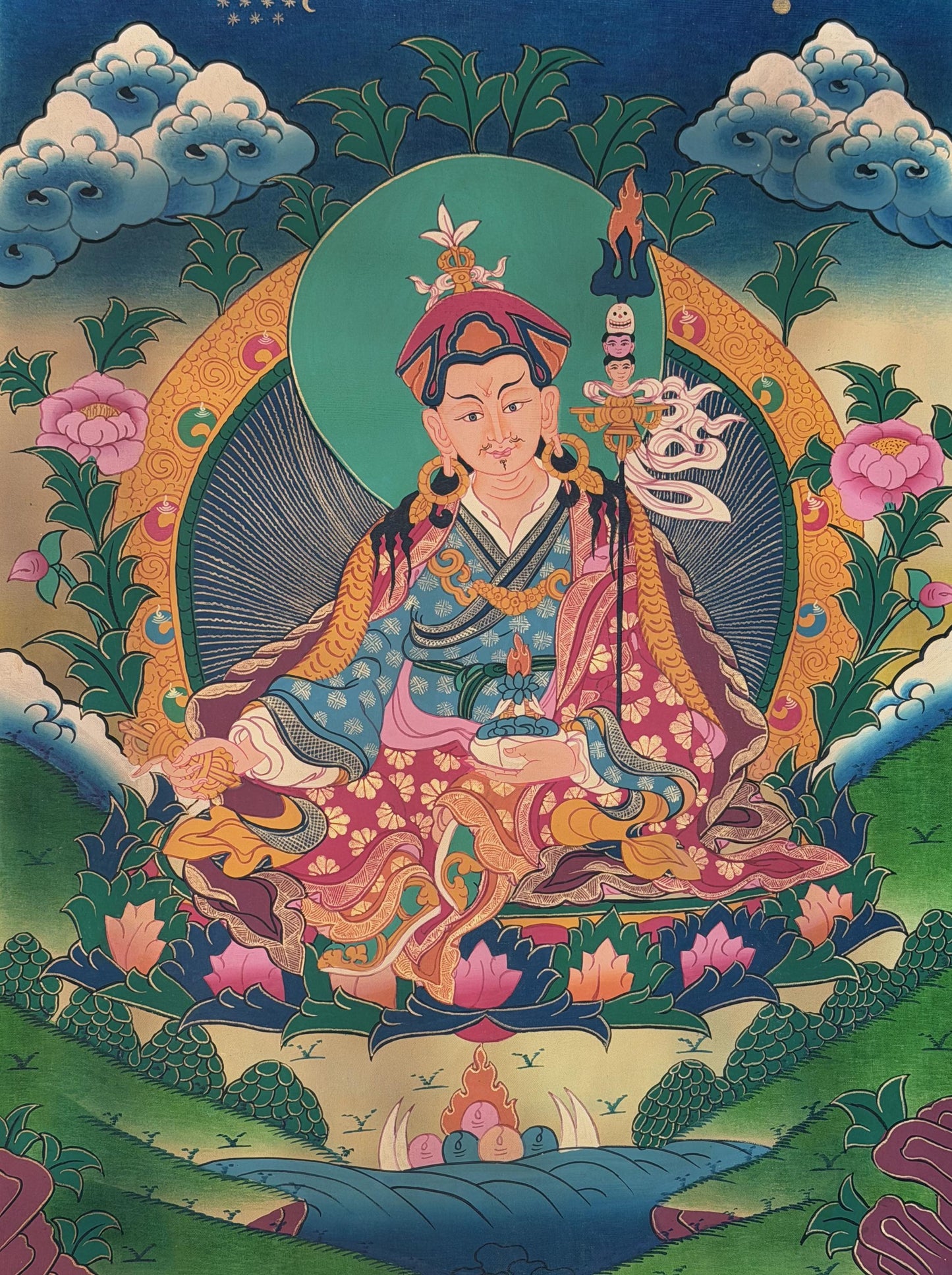 Hand-Painted Guru Rinpoche Padmasambhava Thangka | Smoky Tibetan Buddhist Art
