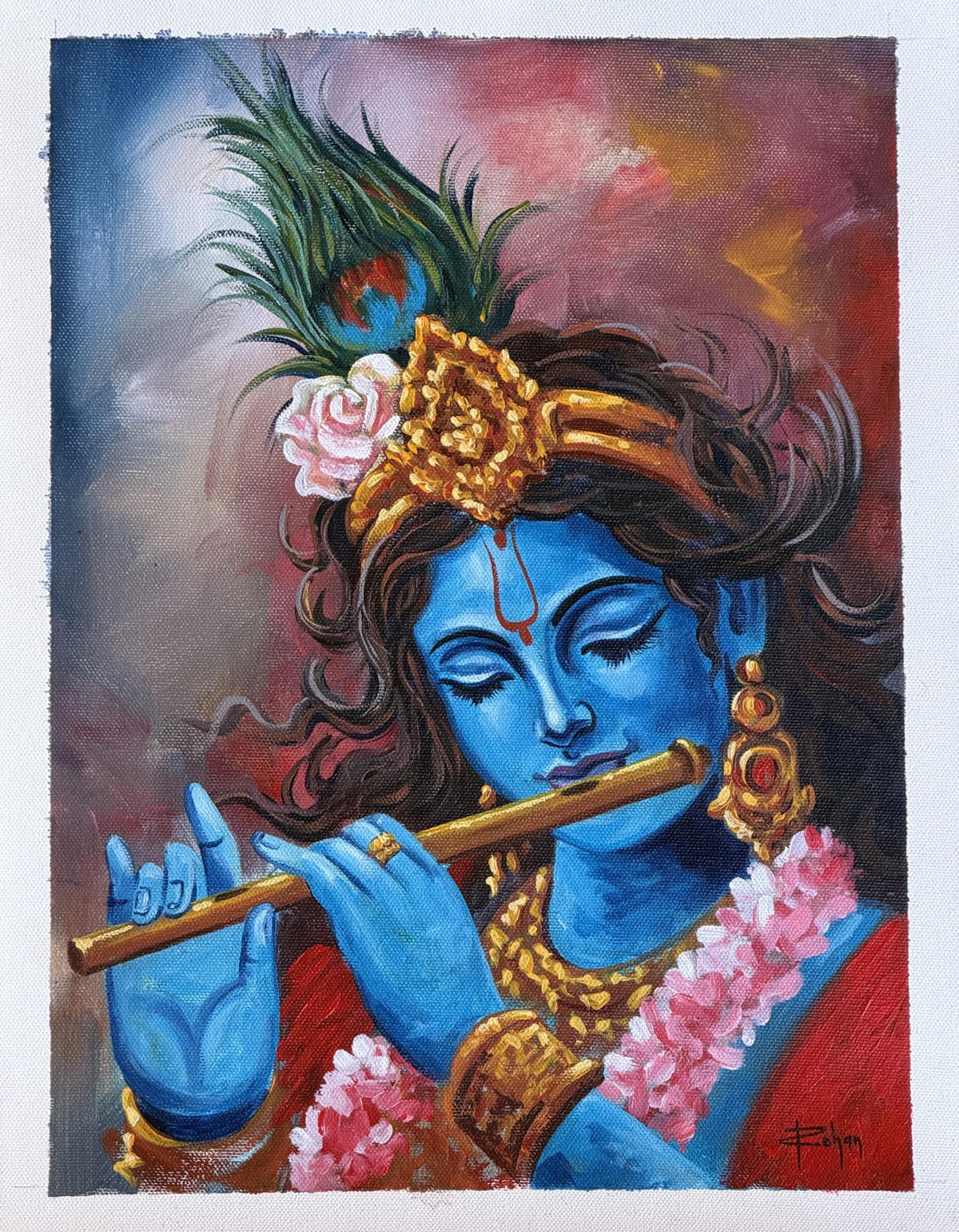 Lord Krishna Playing Flute Acrylic Painting on Canvas | Blue Krishna Wall Art