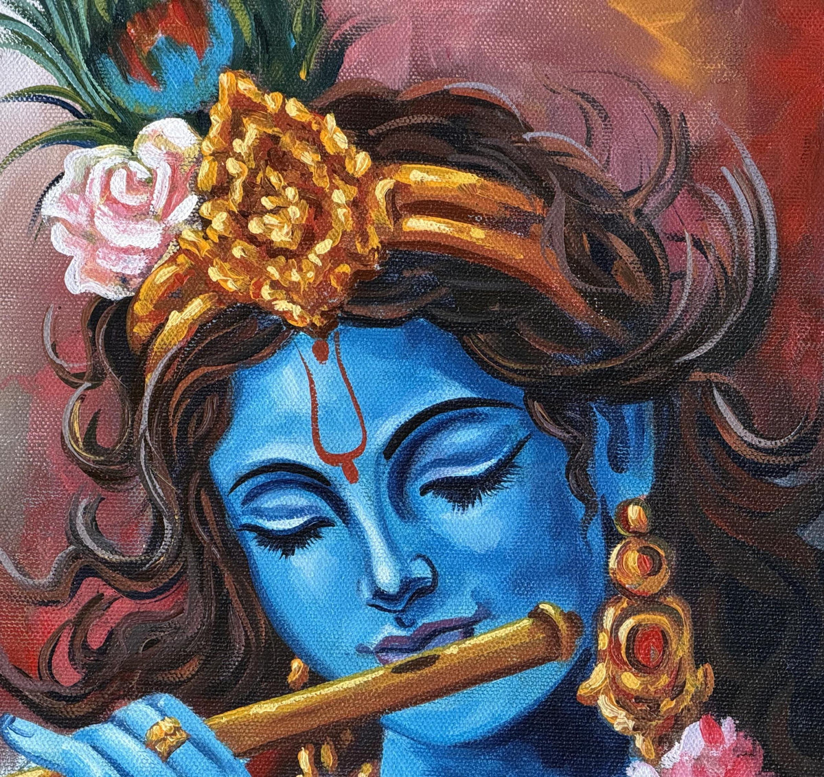 Lord Krishna Playing Flute Acrylic Painting on Canvas | Blue Krishna Wall Art
