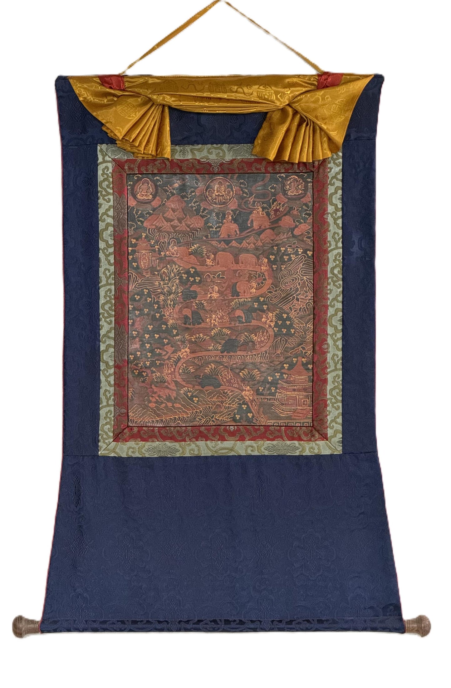 Samatha Meditation Thangka Nine Stages Mind Training Oil Varnished Tibetan Art with Silk Brocade