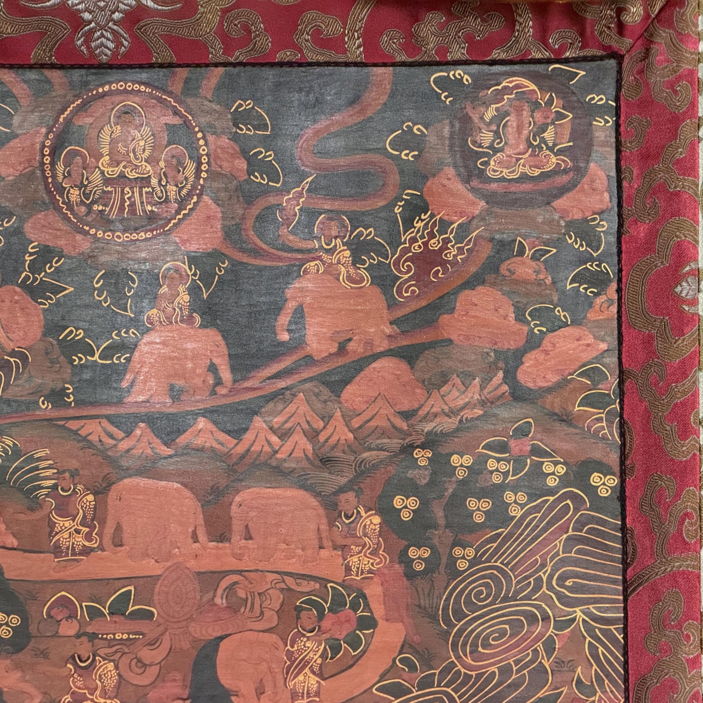 Samatha Meditation Thangka Nine Stages Mind Training Oil Varnished Tibetan Art with Silk Brocade