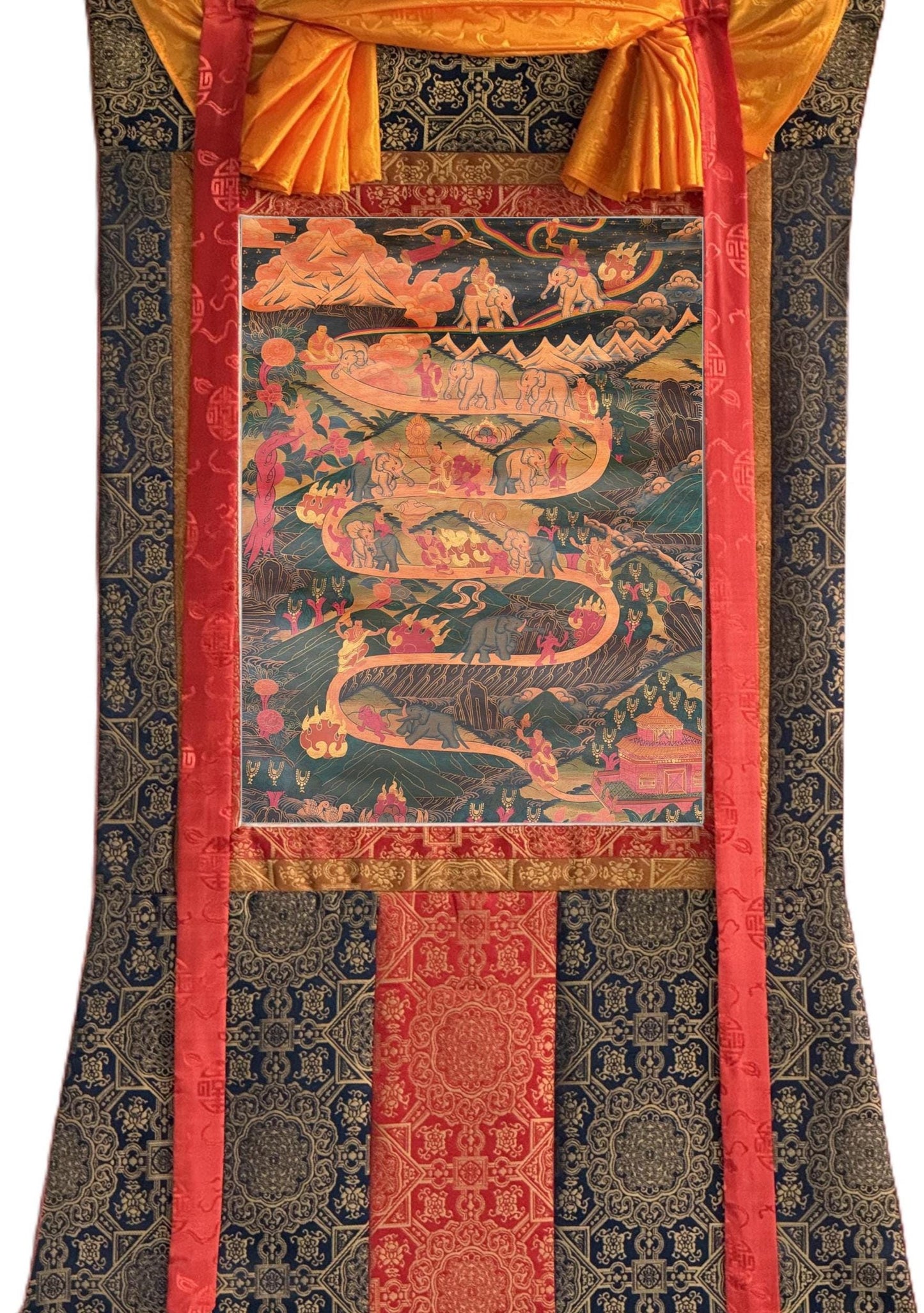 Samatha Meditation Thangka Nine Stages Mind Training Tibetan Art with Silk Brocade