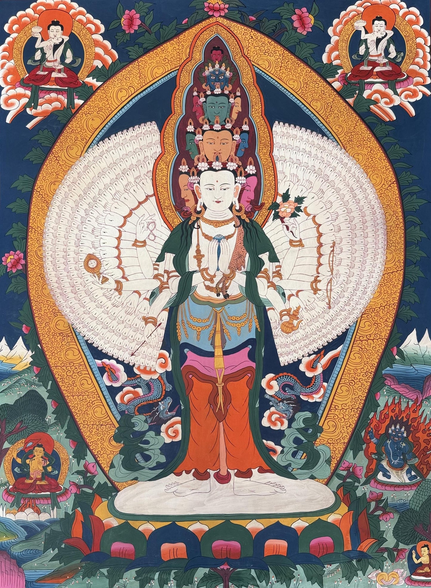1000-Armed Avalokiteshvara LARGE Hand-Painted Thangka | Sahasrabhuja Chenrezig Old Smoky Art