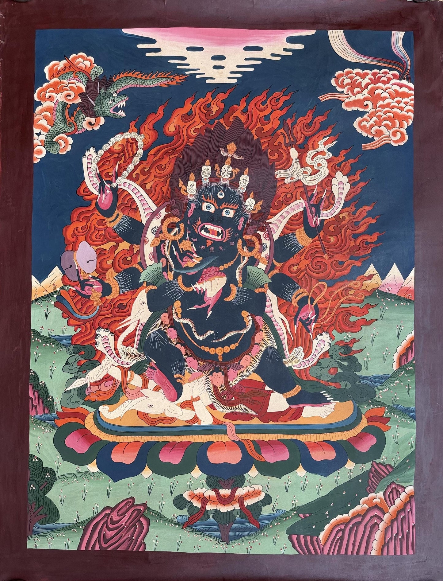 Original Hand-Painted Six-Armed Mahakala Thangka Painting | Large Smoky Tibetan Guardian Deity Art