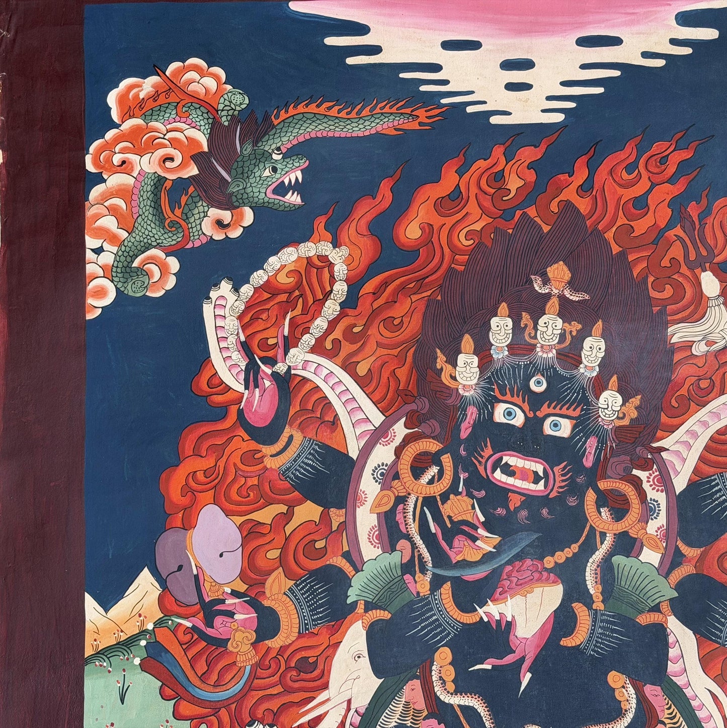 Original Hand-Painted Six-Armed Mahakala Thangka Painting | Large Smoky Tibetan Guardian Deity Art