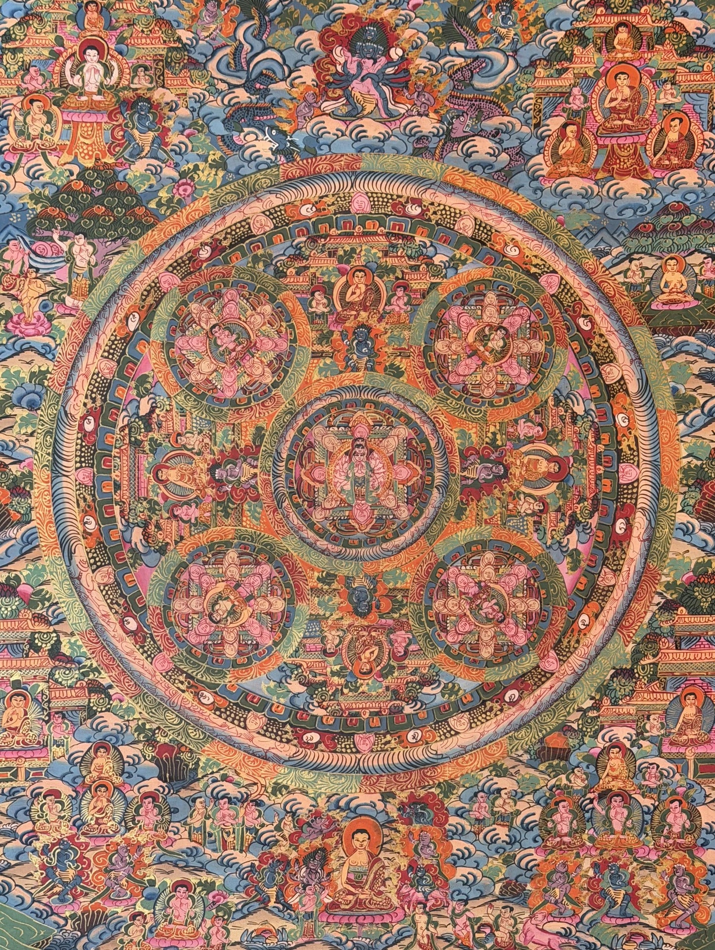 Hand-Painted Original Buddha Life Mandala Thangka Painting – Tibetan Wall Hanging with Silk
