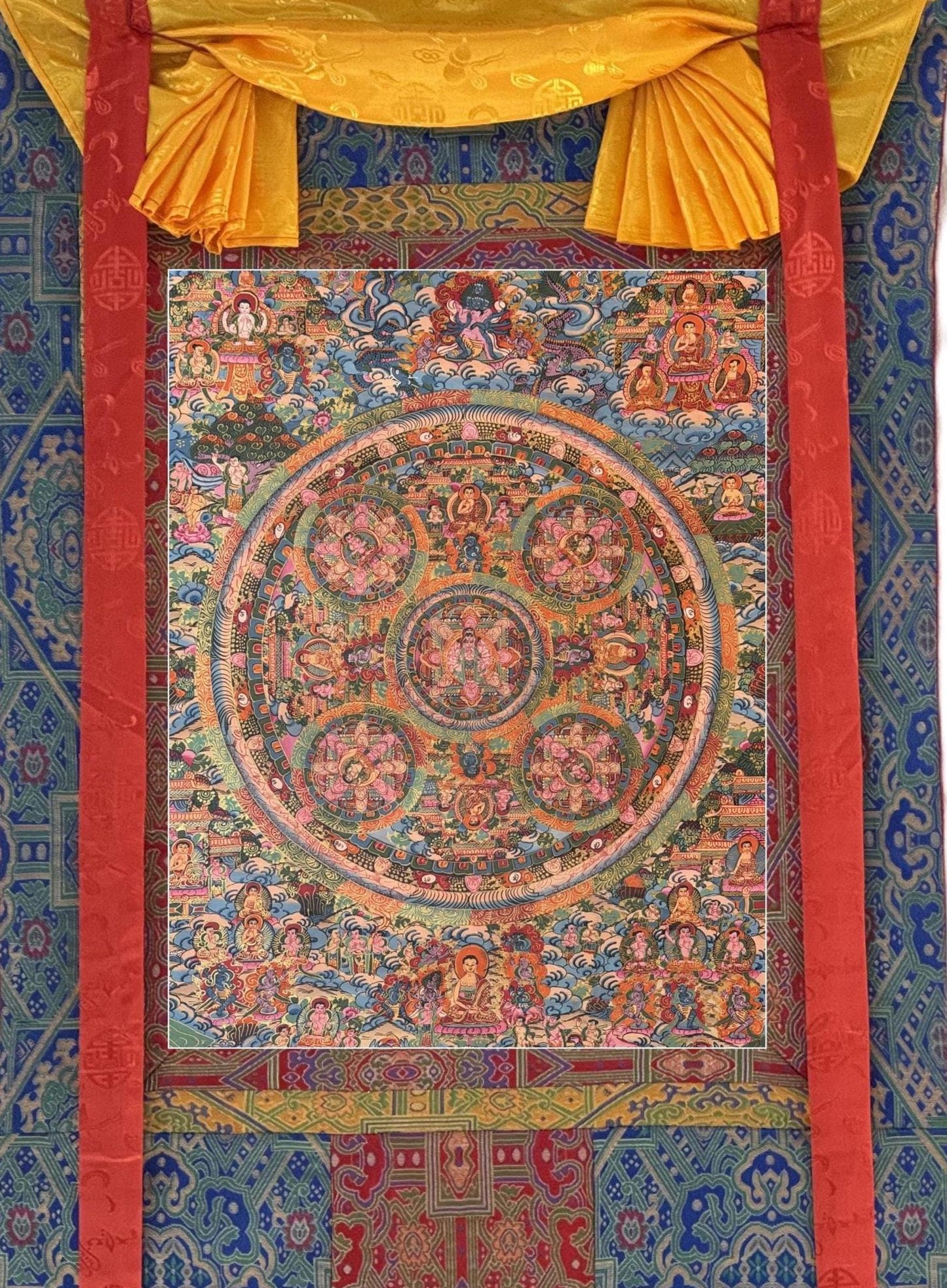 Hand-Painted Original Buddha Life Mandala Thangka Painting – Tibetan Wall Hanging with Silk