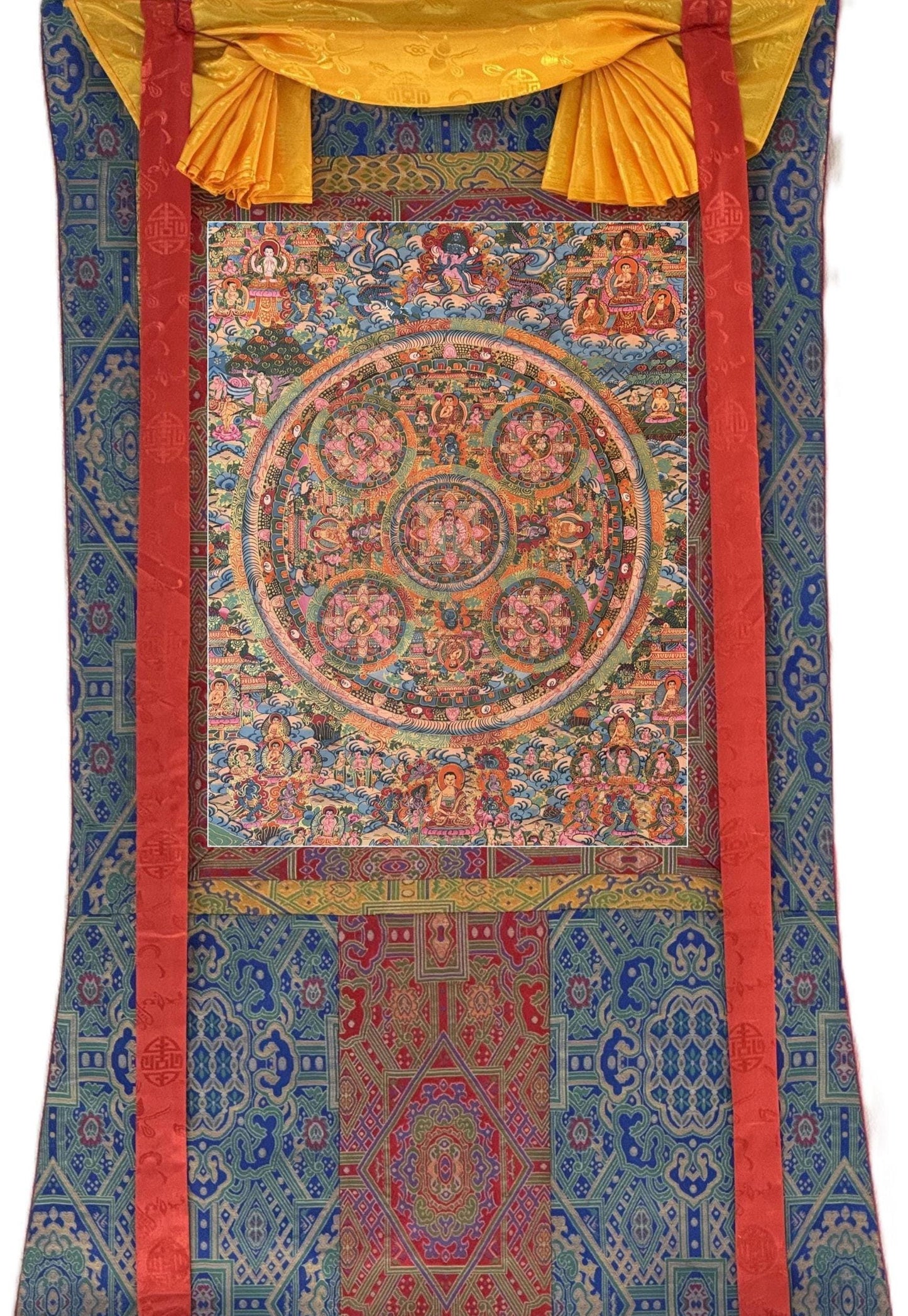 Hand-Painted Original Buddha Life Mandala Thangka Painting – Tibetan Wall Hanging with Silk