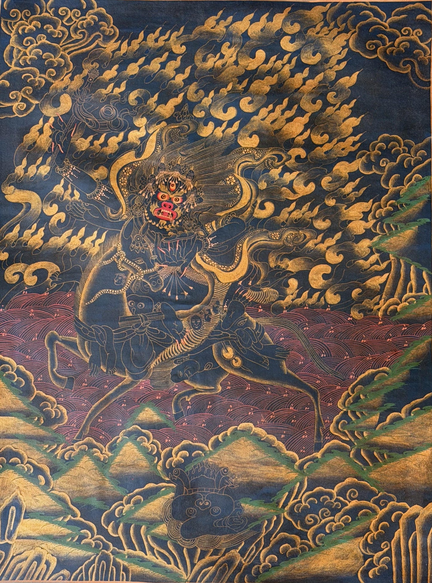 Hand-Painted Palden Lhamo Thangka with Silk Brocade - Oil Varnished Tibetan Wrathful Protector Goddess Art