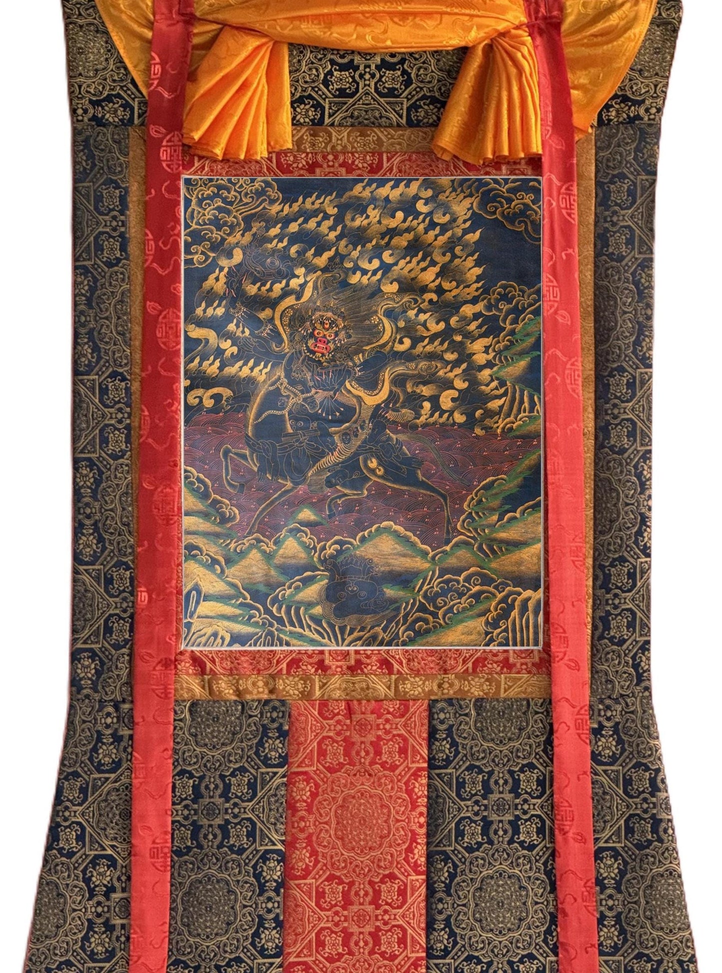Hand-Painted Palden Lhamo Thangka with Silk Brocade - Oil Varnished Tibetan Wrathful Protector Goddess Art
