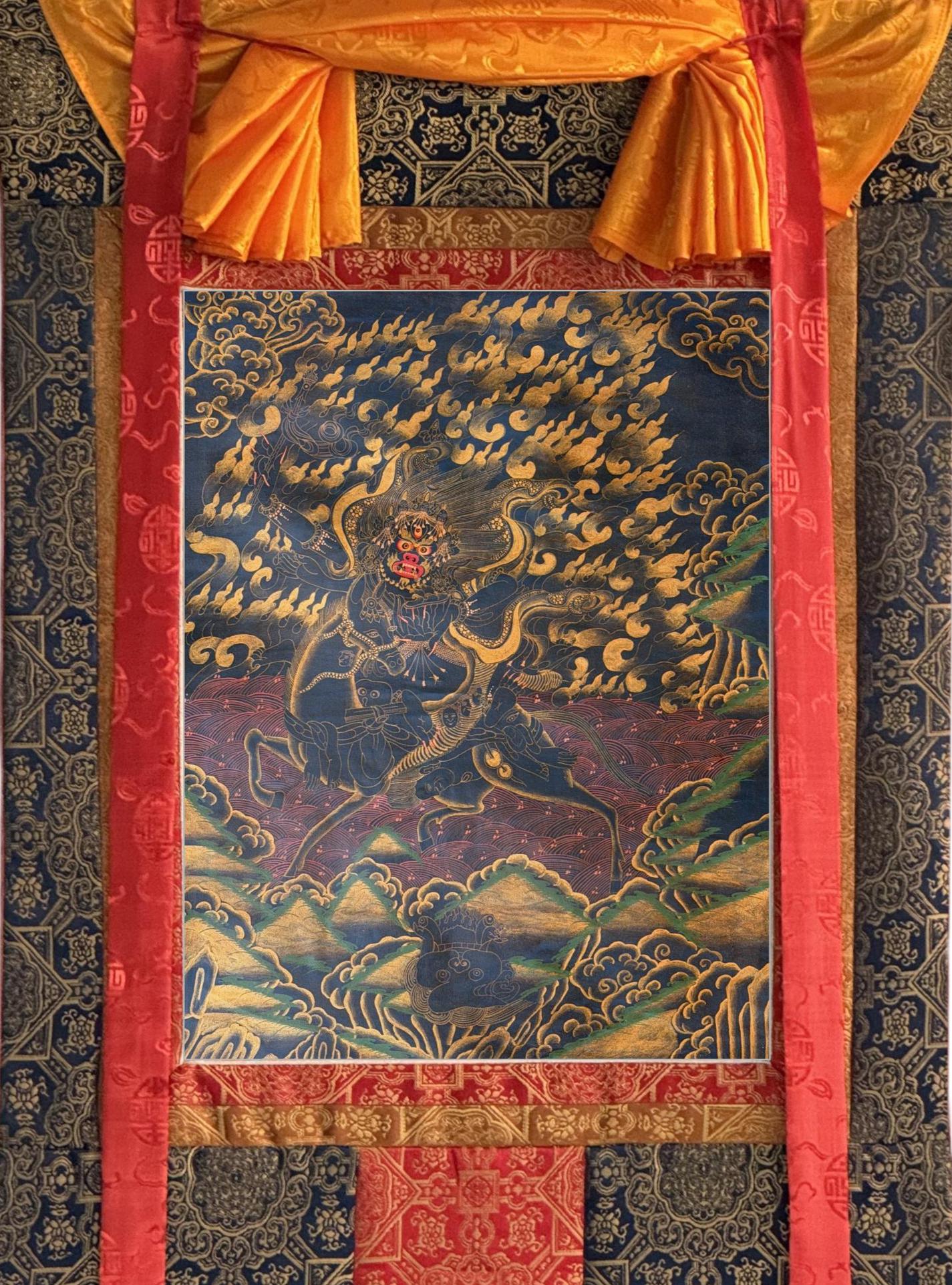 Hand-Painted Palden Lhamo Thangka with Silk Brocade - Oil Varnished Tibetan Wrathful Protector Goddess Art