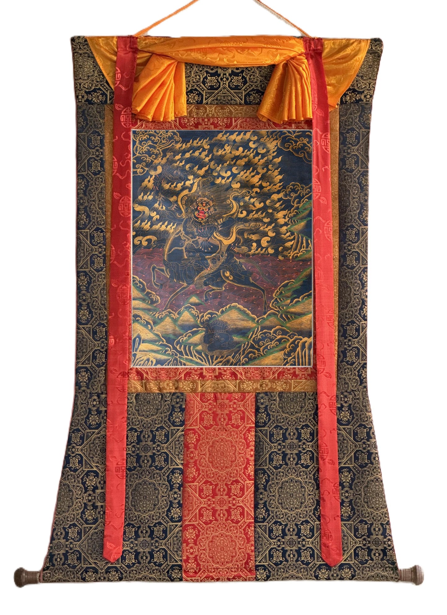 Hand-Painted Palden Lhamo Thangka with Silk Brocade - Oil Varnished Tibetan Wrathful Protector Goddess Art