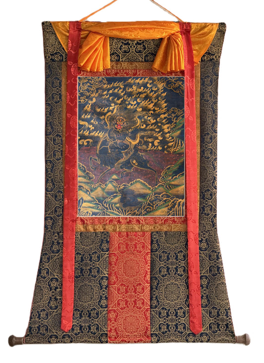 Hand-Painted Palden Lhamo Thangka with Silk Brocade - Oil Varnished Tibetan Wrathful Protector Goddess Art