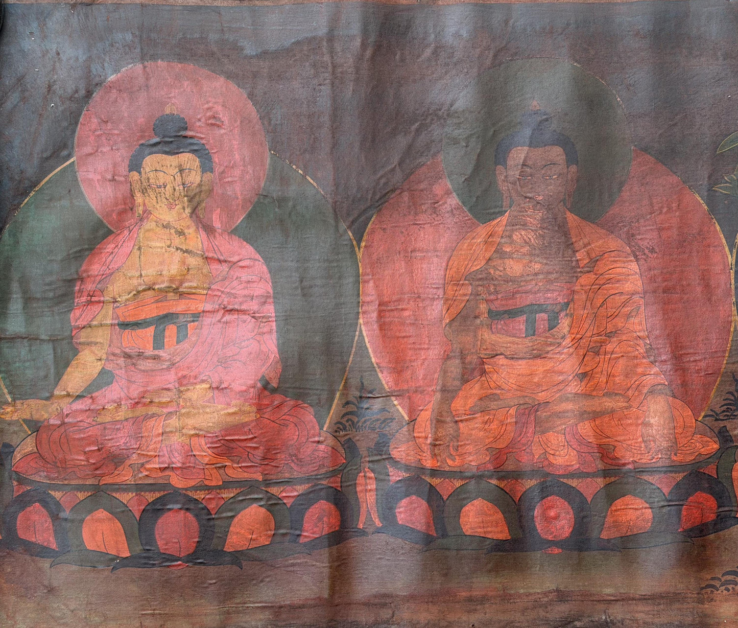 Old Pancha Buddha Tibetan Thangka Painting – Five Dhyani Buddhas Oil Varnished Buddhist Art