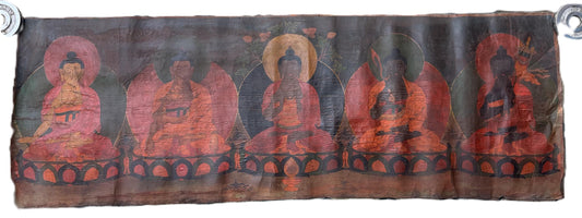 Old Pancha Buddha Tibetan Thangka Painting – Five Dhyani Buddhas Oil Varnished Buddhist Art