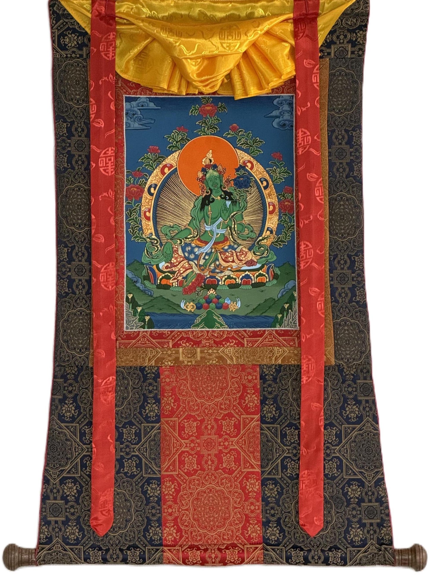 Hand-Painted Green Tara Tibetan Thangka Painting with Silk Brocade