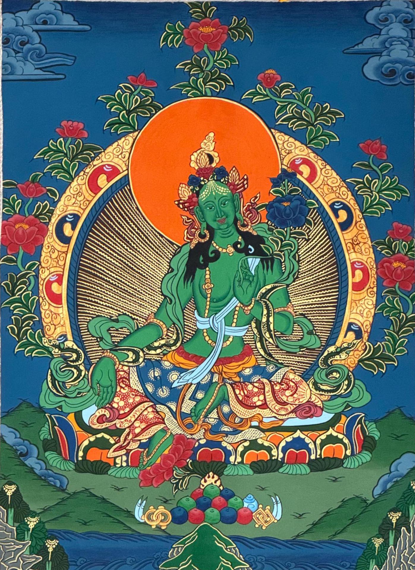 Hand-Painted Green Tara Tibetan Thangka Painting with Silk Brocade