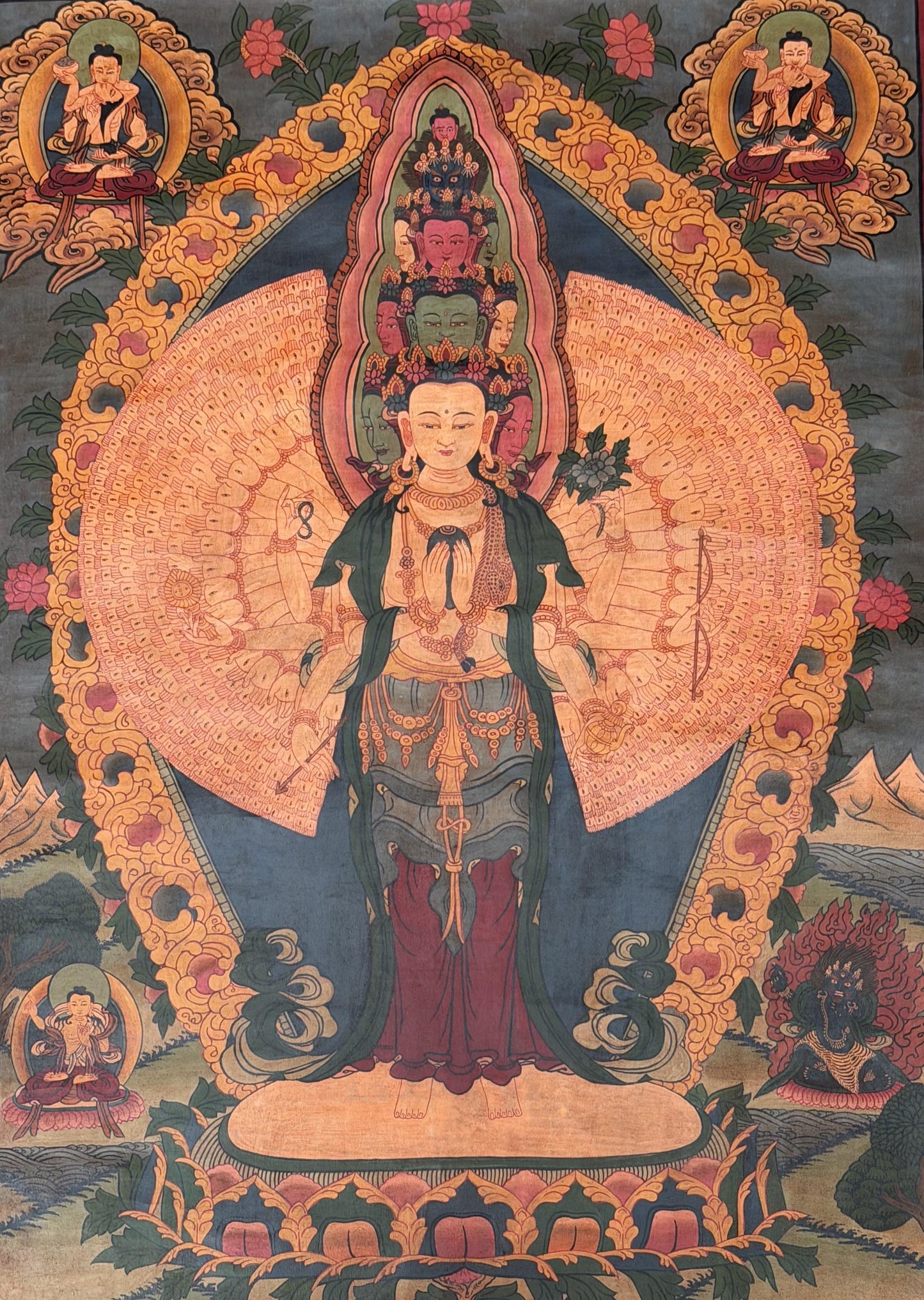 1000-Armed Avalokiteshvara Thangka Painting – Oil-Varnished Tibetan Buddhist Art of Compassion
