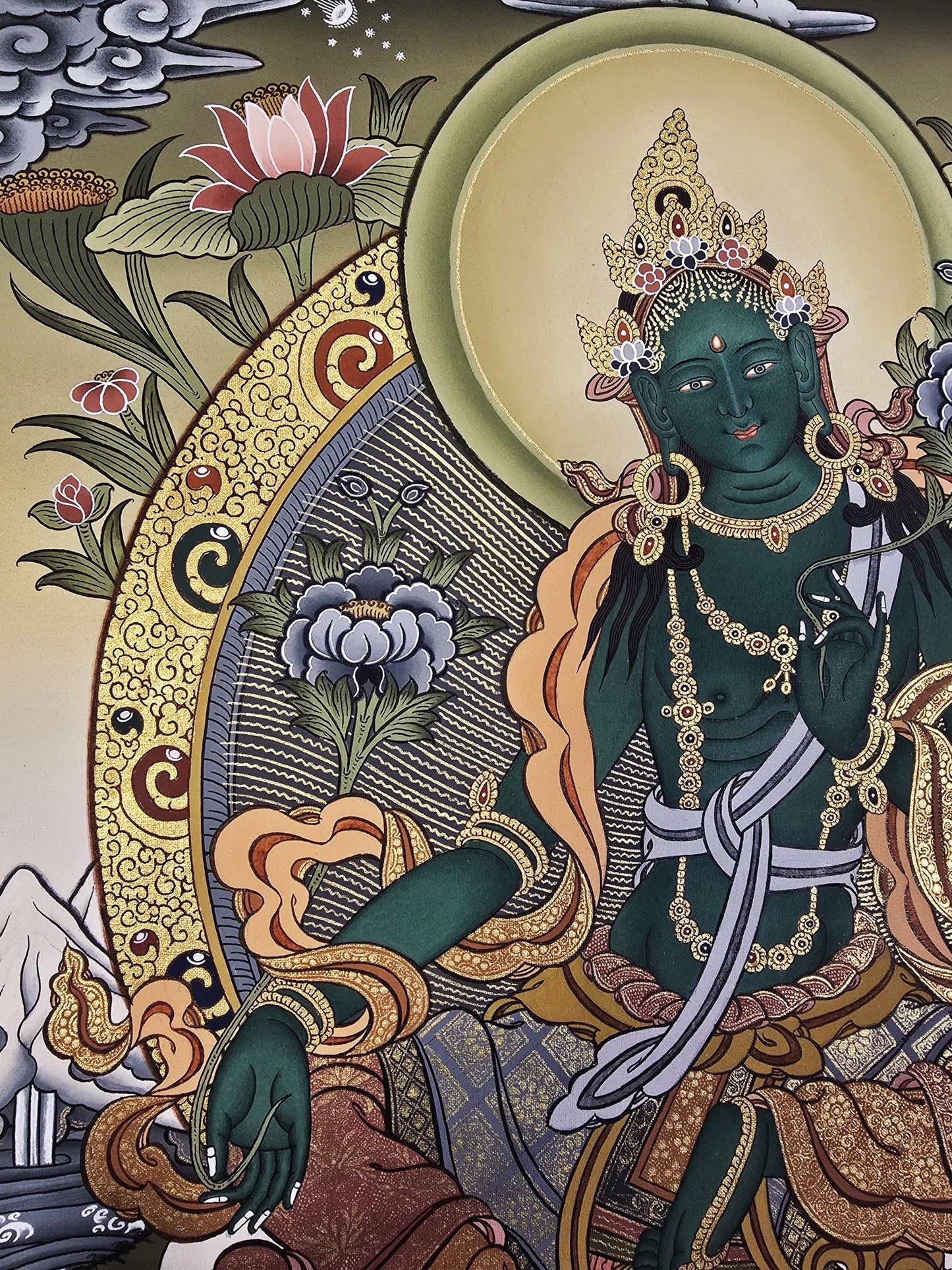 Hand-Painted 24 Karat Gold Green Tara Tibetan Thangka Painting