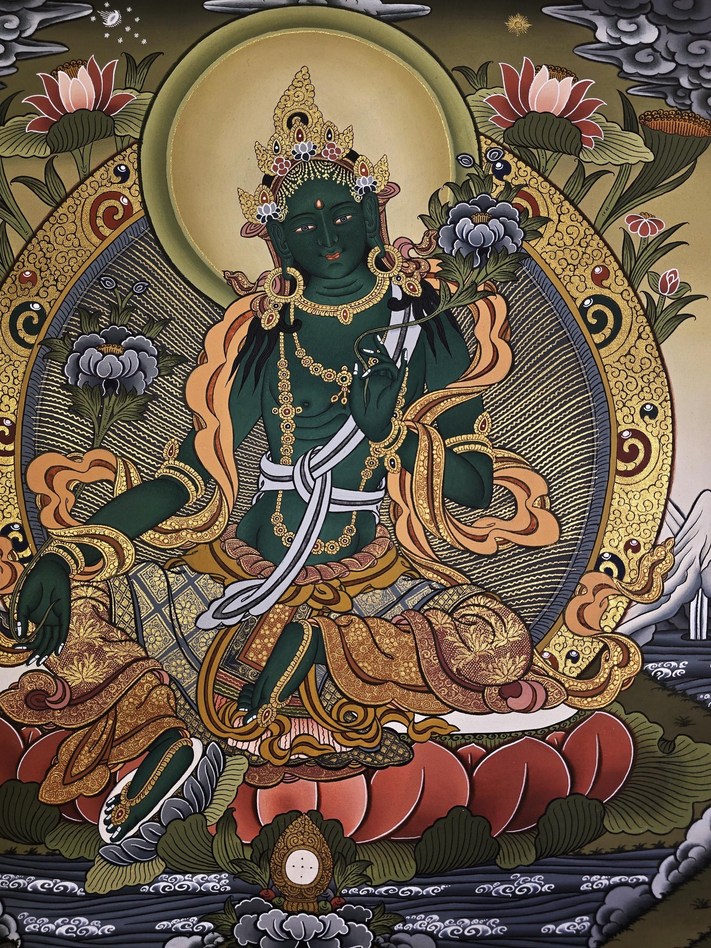 Hand-Painted 24 Karat Gold Green Tara Tibetan Thangka Painting