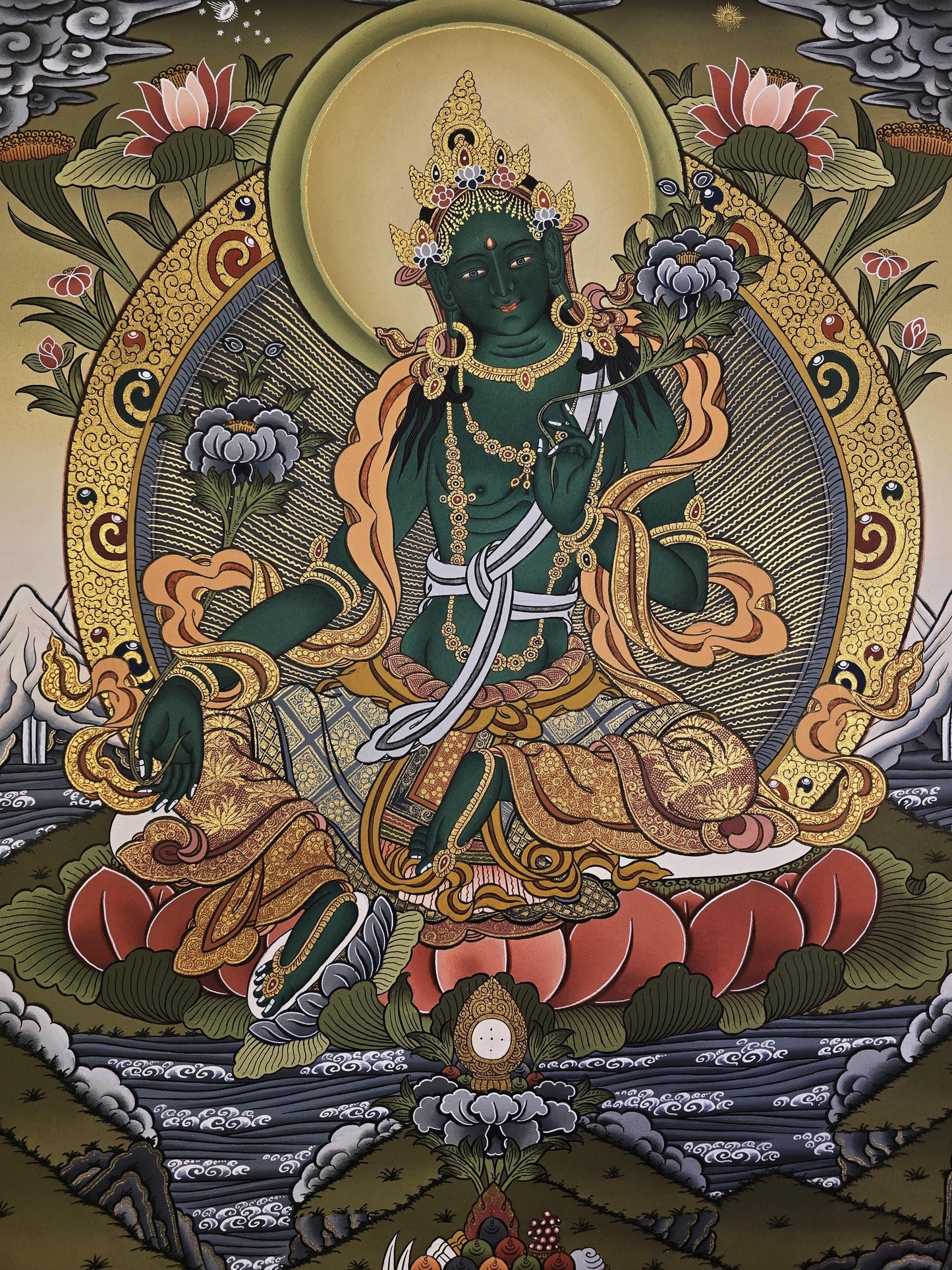 Hand-Painted 24 Karat Gold Green Tara Tibetan Thangka Painting