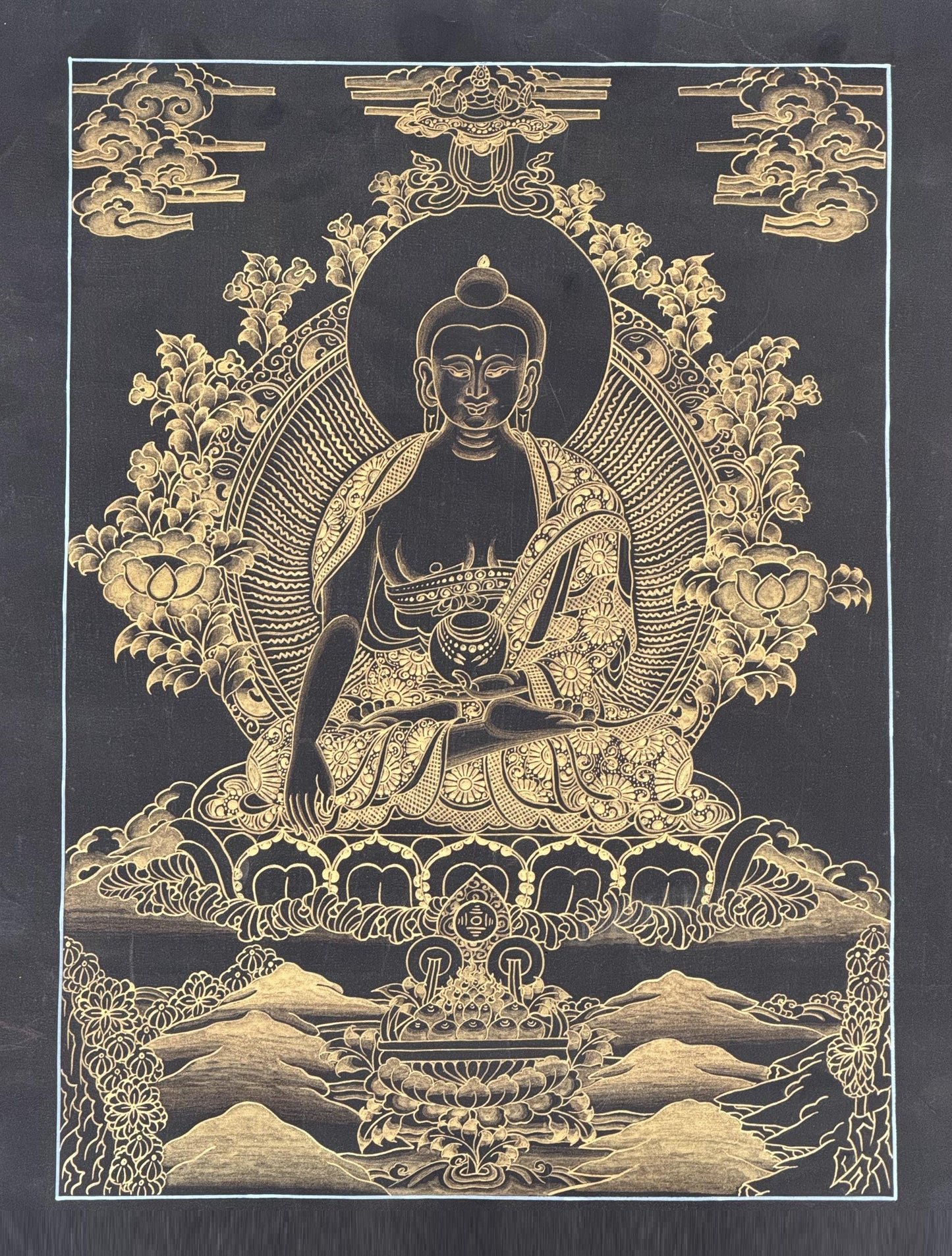 Black and Gold Shakyamuni Buddha Thangka Painting | Traditional Tibetan Buddhist Wall Art