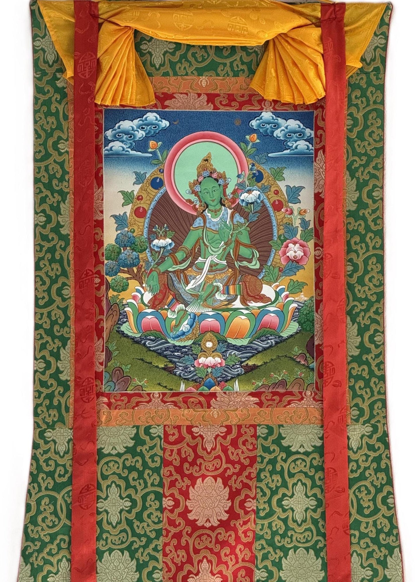 Green Tara Thangka Painting | Hand-Painted Tibetan Goddess Art with Silk Brocade