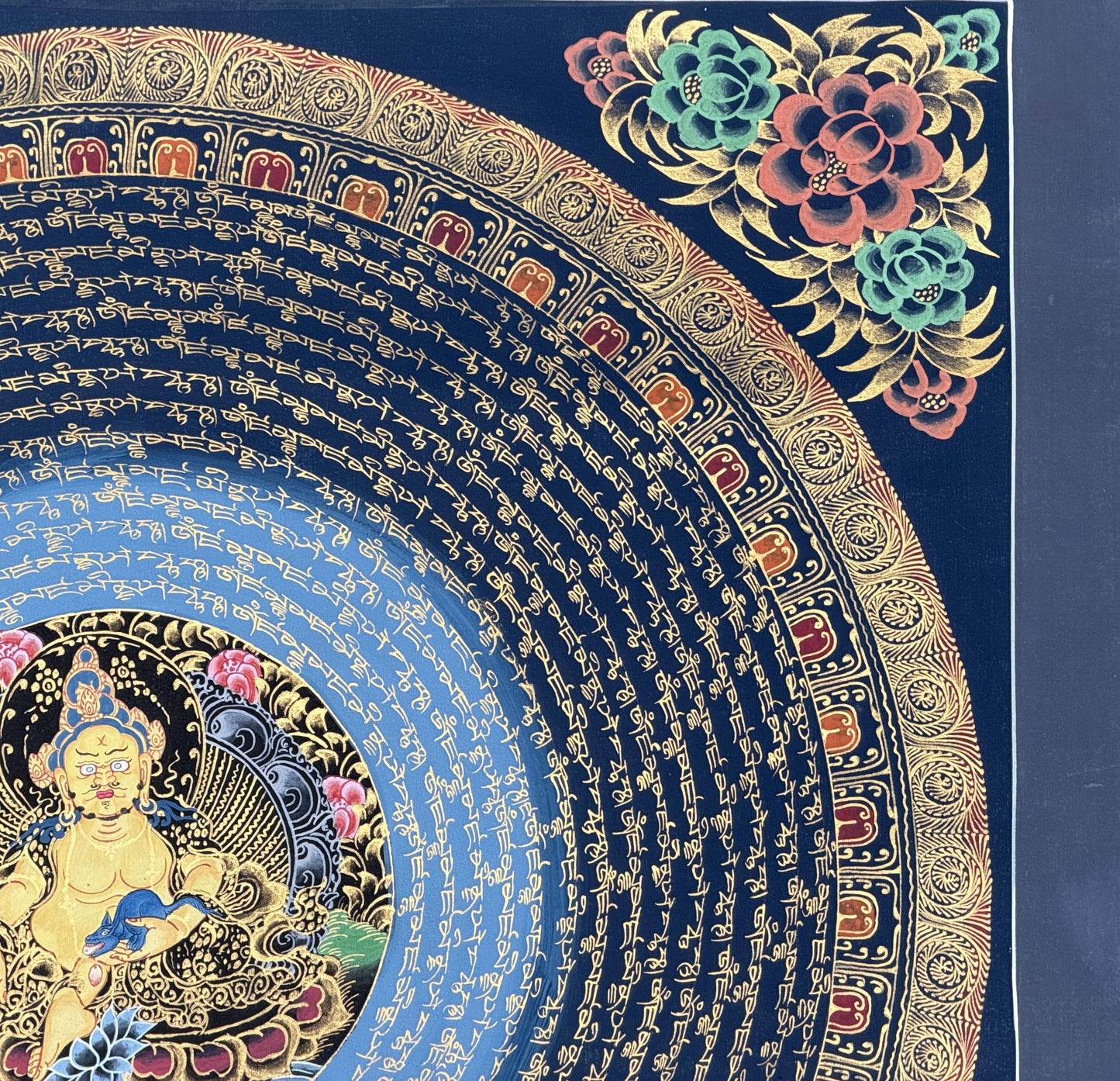 Hand-Painted Jambhala Mantra Mandala Thangka | Tibetan Wealth Deity Art | Abundance Wall Decor