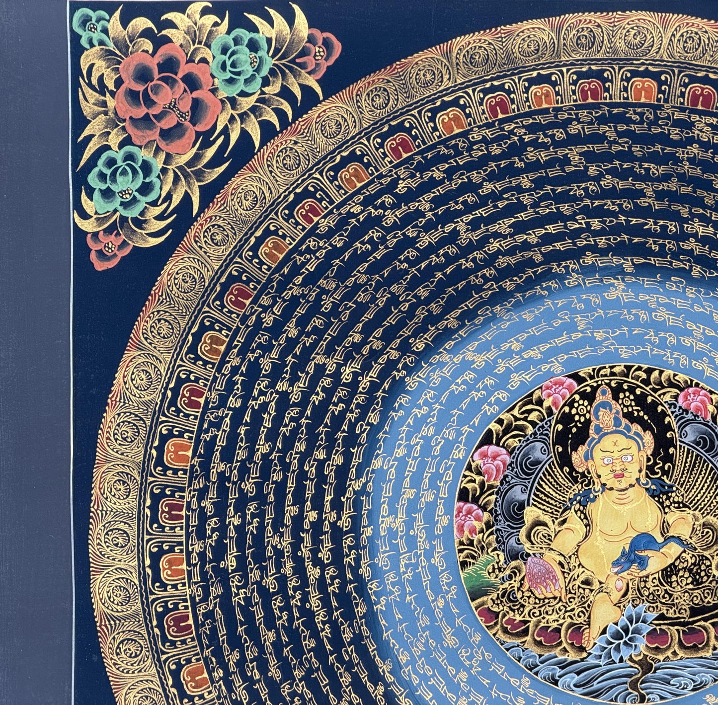 Hand-Painted Jambhala Mantra Mandala Thangka | Tibetan Wealth Deity Art | Abundance Wall Decor