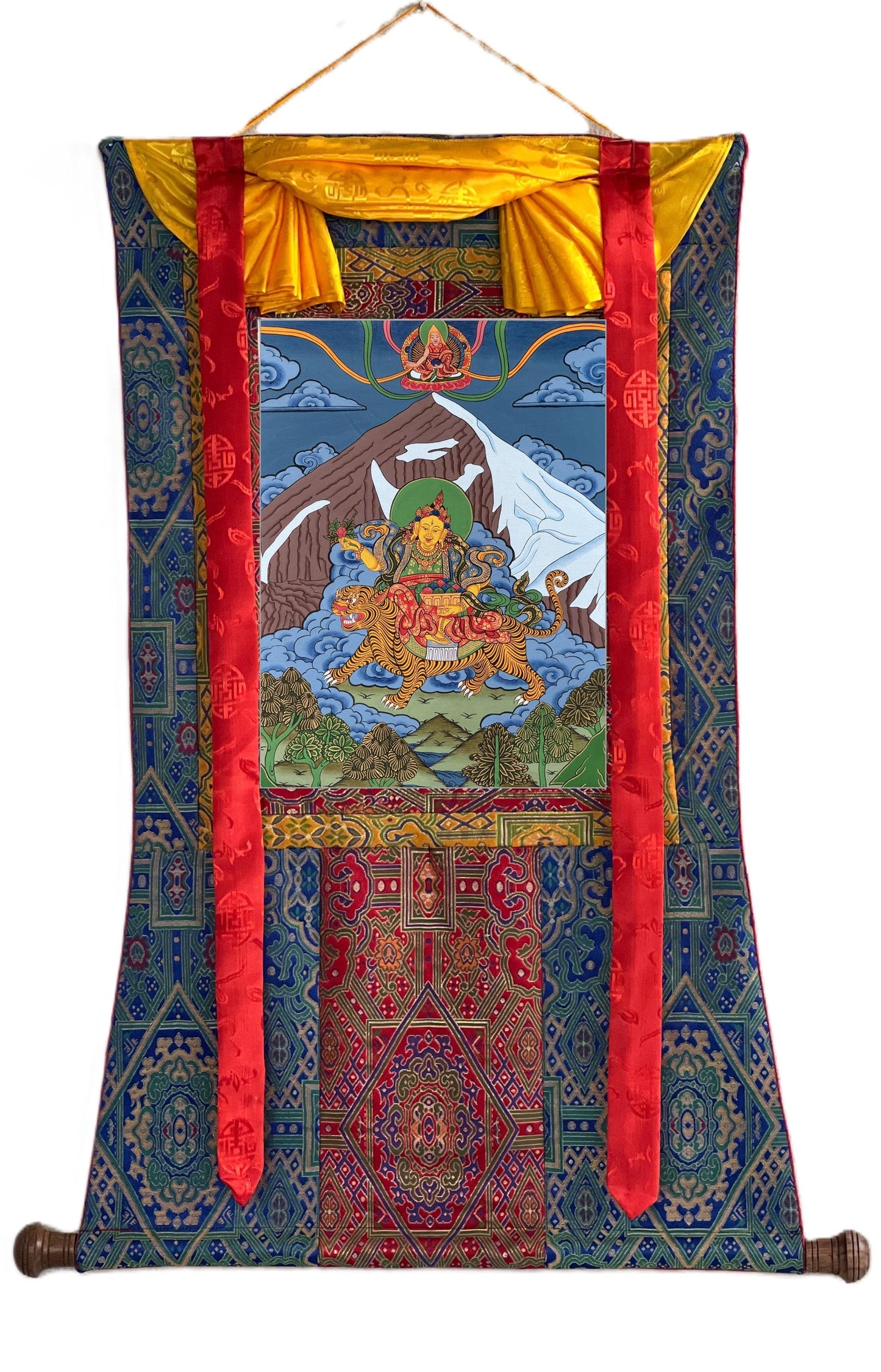 Original Hand-Painted Miyolangsangma Tibetan Thangka With Silk Brocade – Mountain Goddess of Compassion