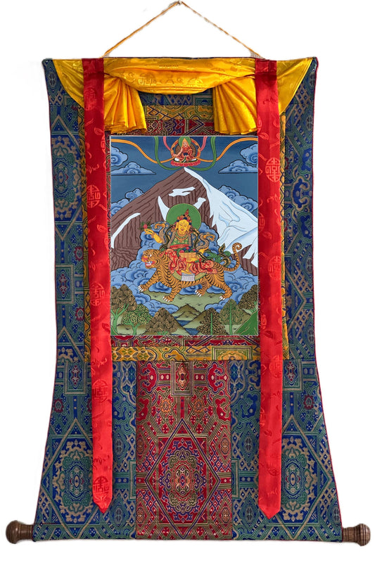 Original Hand-Painted Miyolangsangma Tibetan Thangka With Silk Brocade – Mountain Goddess of Compassion