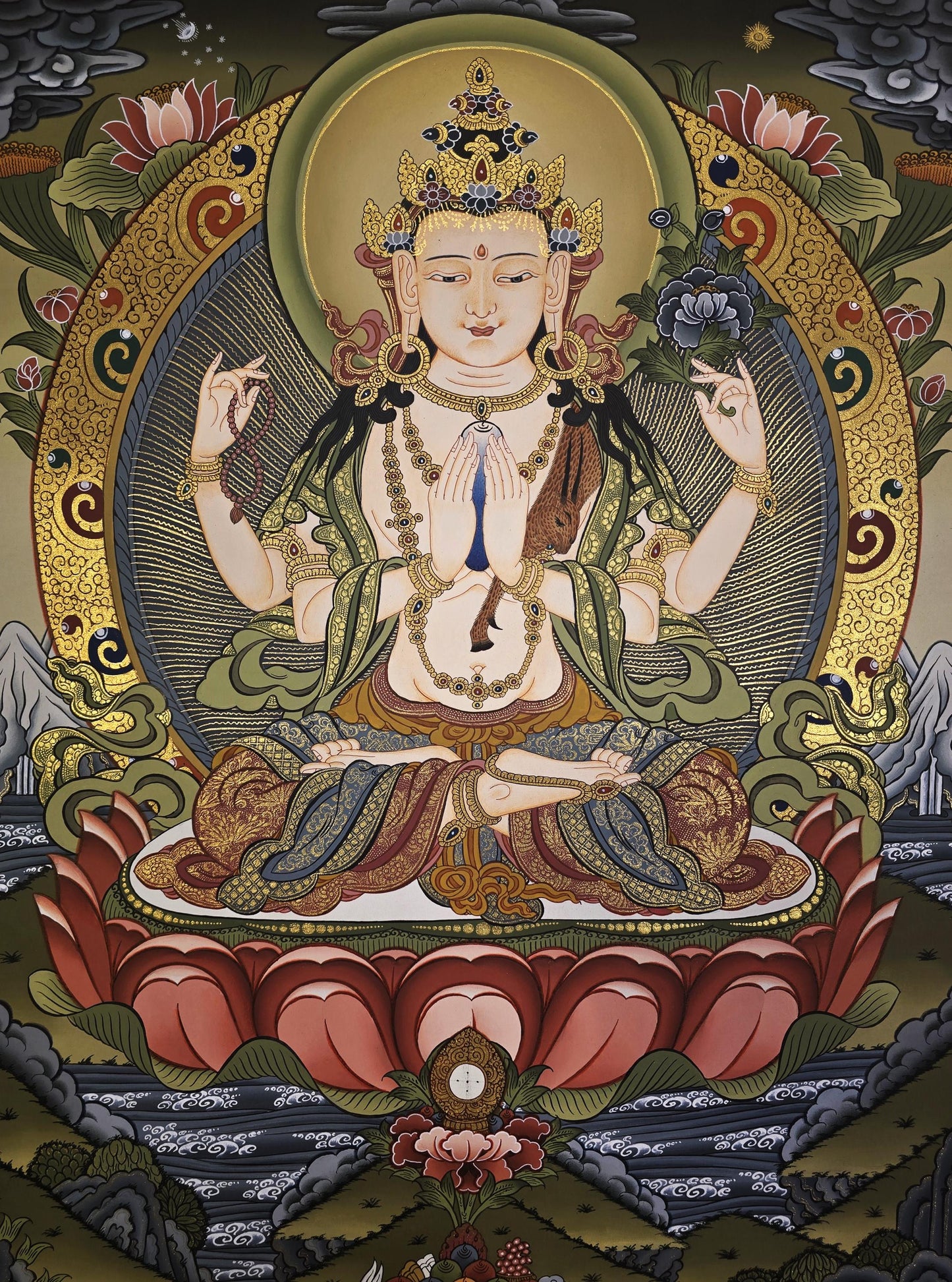 Eight-Armed Chenrezig Avalokiteshvara Thangka Painting – Hand-Painted 24K Gold Tibetan Buddhist Compassion Art