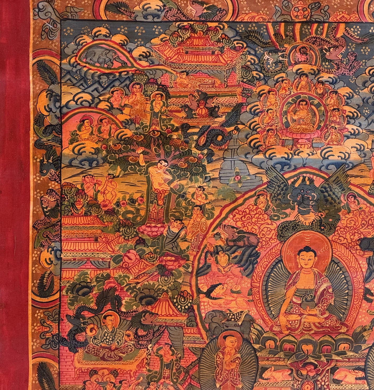 Semi-Old Life of Buddha Thangka Painting | Hand Painted Shakyamuni Buddha Art | Oil Varnished
