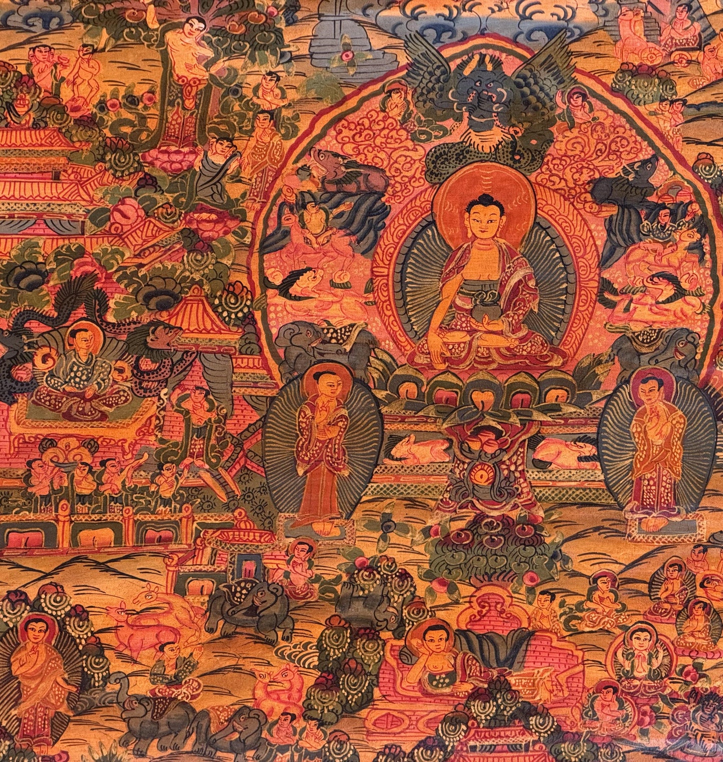 Semi-Old Life of Buddha Thangka Painting | Hand Painted Shakyamuni Buddha Art | Oil Varnished