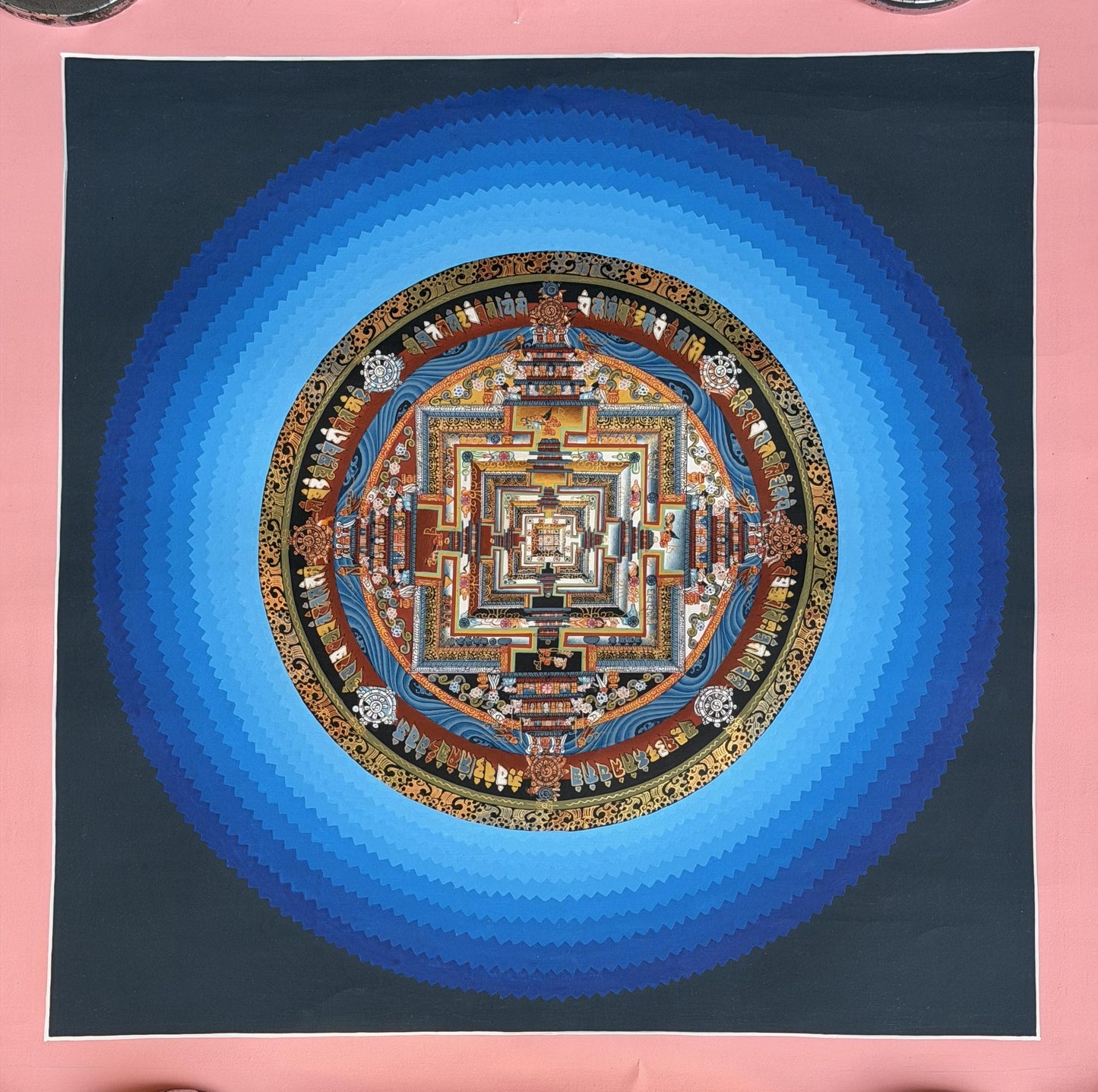 Hand-Painted Kalachakra Mandala Thangka with Silk Brocade | Tibetan Buddhist Rainbow Lotus Meditation Art