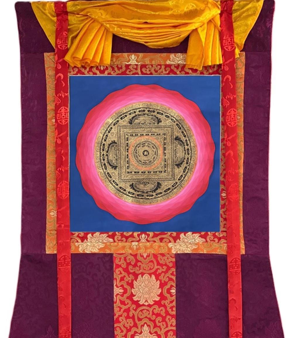 Hand-Painted Om Mandala Thangka on Cotton Canvas | Meditation Wall Art with Silk Brocade