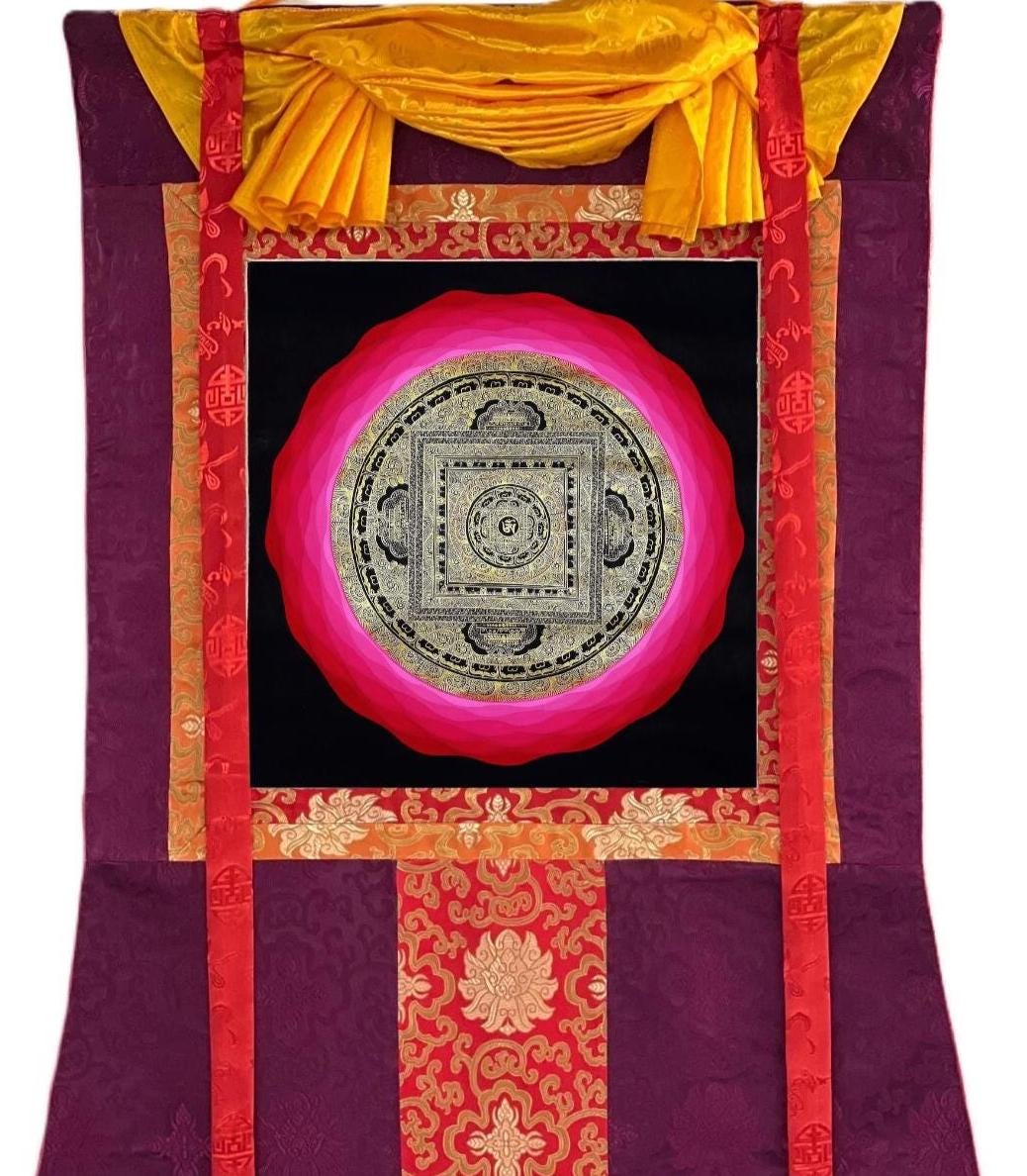 Hand-Painted Om Mandala Tibetan Thangka  | Sacred Meditation & Spiritual Wall Art with Silk Brocade