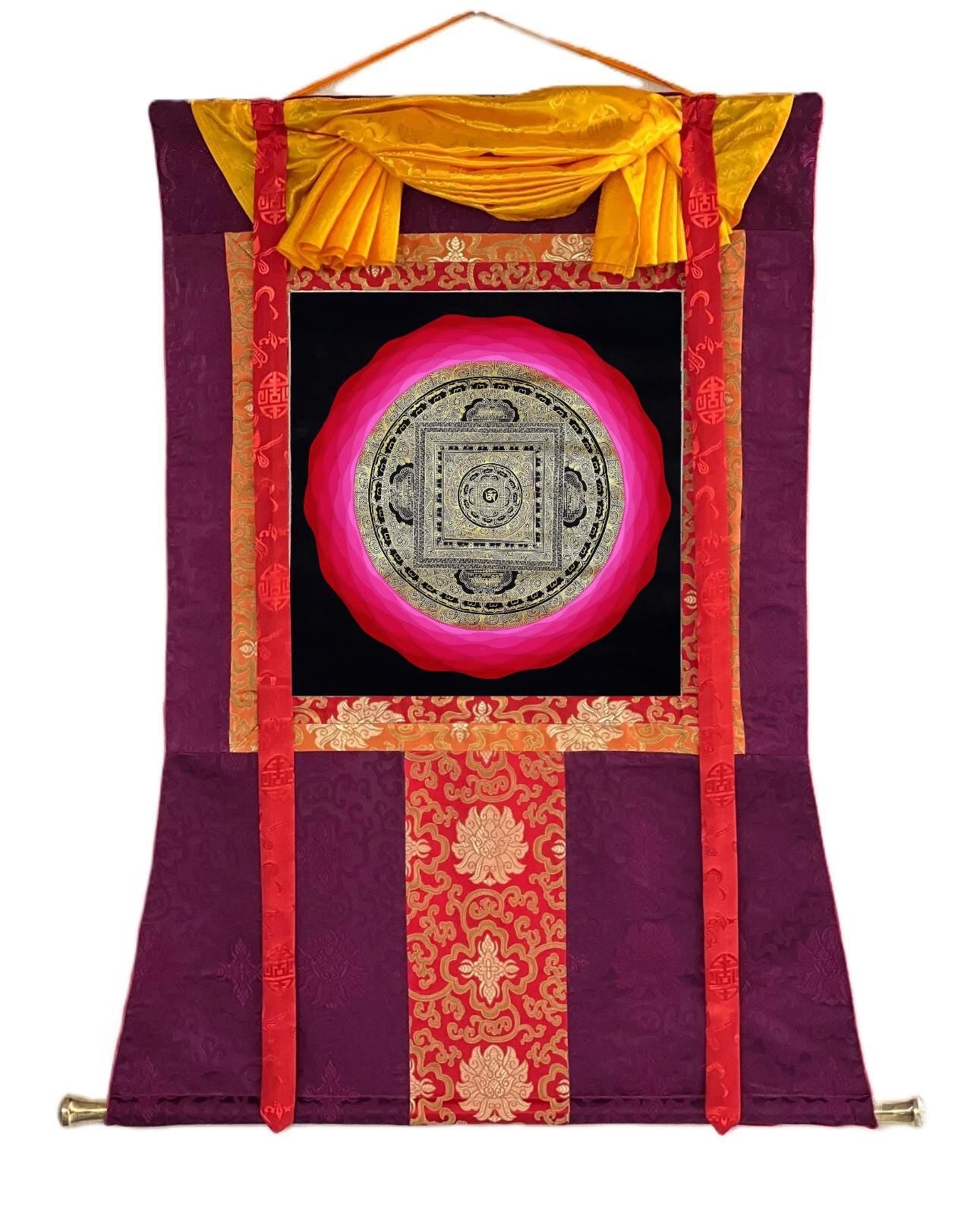 Hand-Painted Om Mandala Tibetan Thangka  | Sacred Meditation & Spiritual Wall Art with Silk Brocade