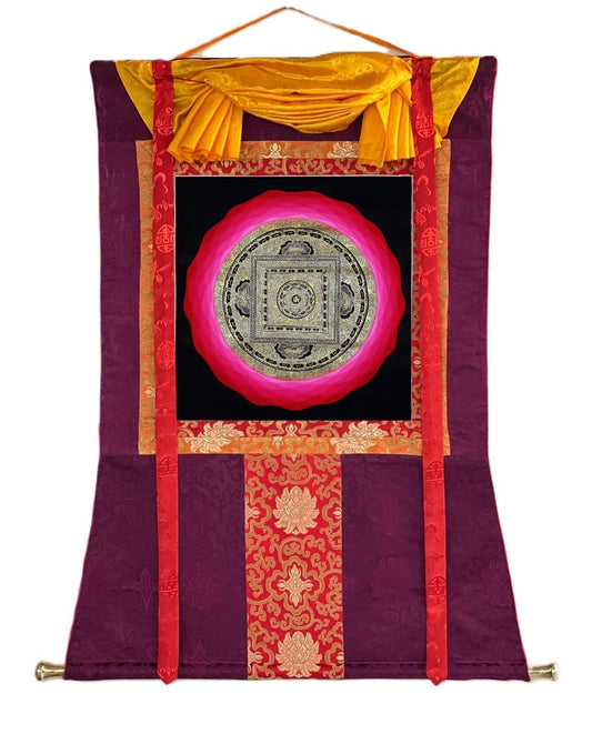 Hand-Painted Om Mandala Tibetan Thangka  | Sacred Meditation & Spiritual Wall Art with Silk Brocade