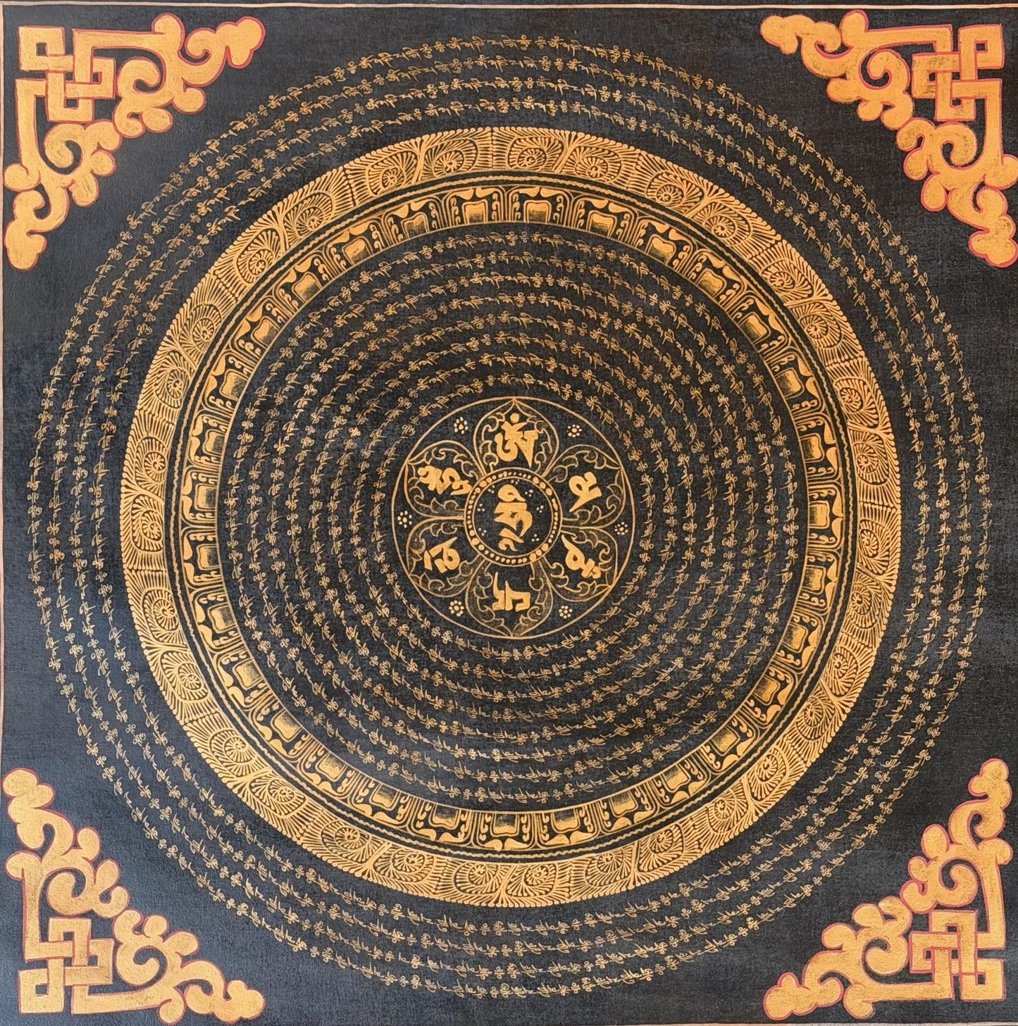 Tibetan Om Mantra Mandala Thangka | Oil Varnished  Meditation Wall Hanging, Silk Brocade