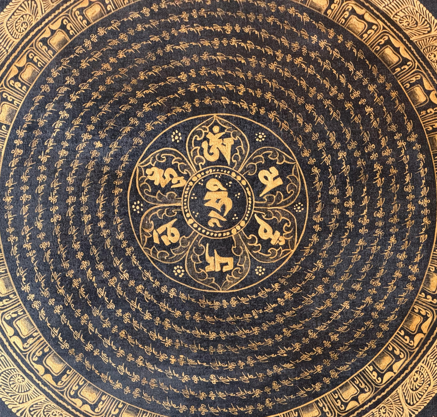 Tibetan Om Mantra Mandala Thangka | Oil Varnished  Meditation Wall Hanging, Silk Brocade