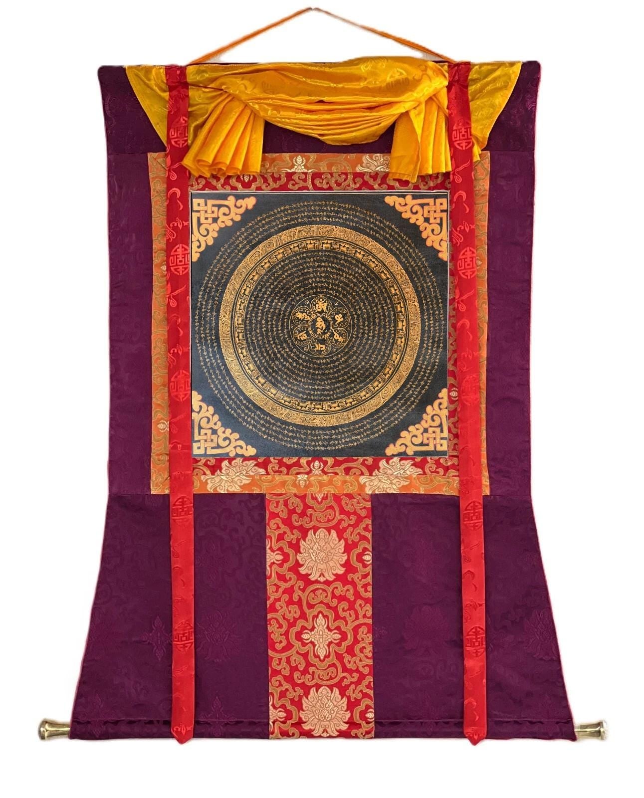 Tibetan Om Mantra Mandala Thangka | Oil Varnished  Meditation Wall Hanging, Silk Brocade