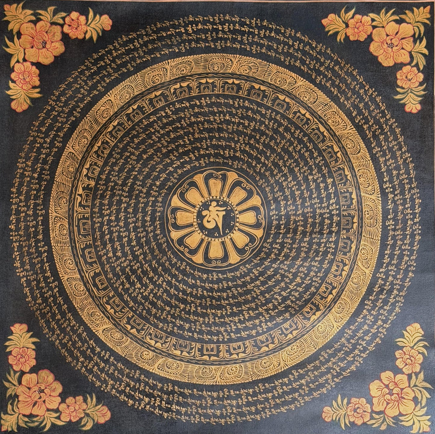 Tibetan Om Mantra Thangka | Hand-Painted Mandala Wall Art | Oil Varnished Meditation Hanging | Silk Brocade