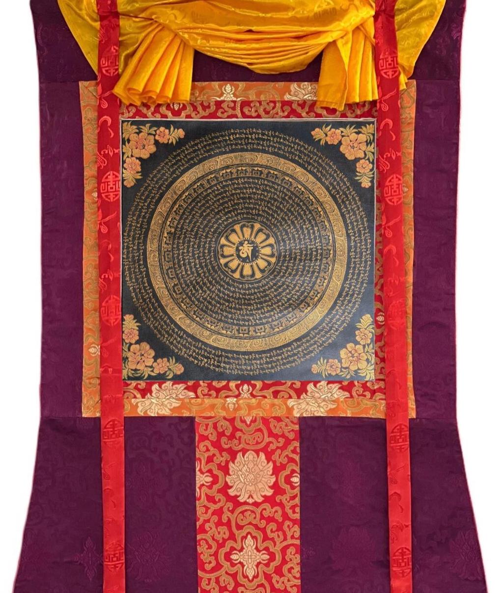 Tibetan Om Mantra Thangka | Hand-Painted Mandala Wall Art | Oil Varnished Meditation Hanging | Silk Brocade