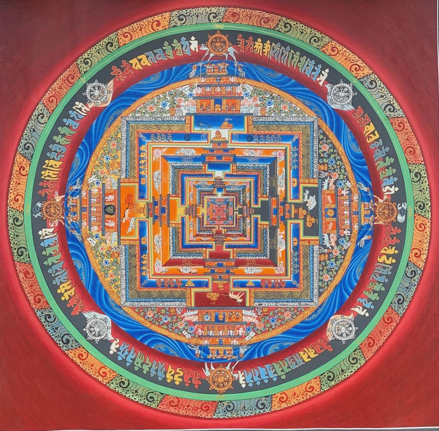 Hand-Painted Kalachakra Mandala Thangka – Tibetan Wheel of Life Art 24 x 24 inches