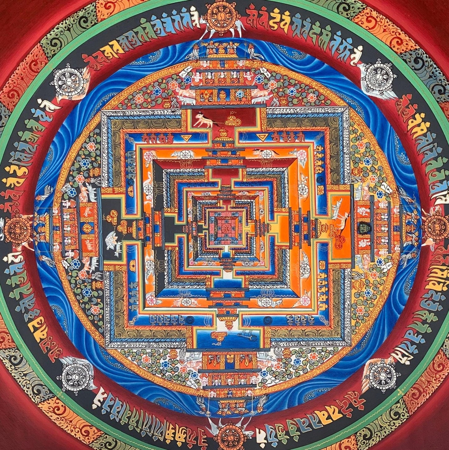 Hand-Painted Kalachakra Mandala Thangka – Tibetan Wheel of Life Art 24 x 24 inches