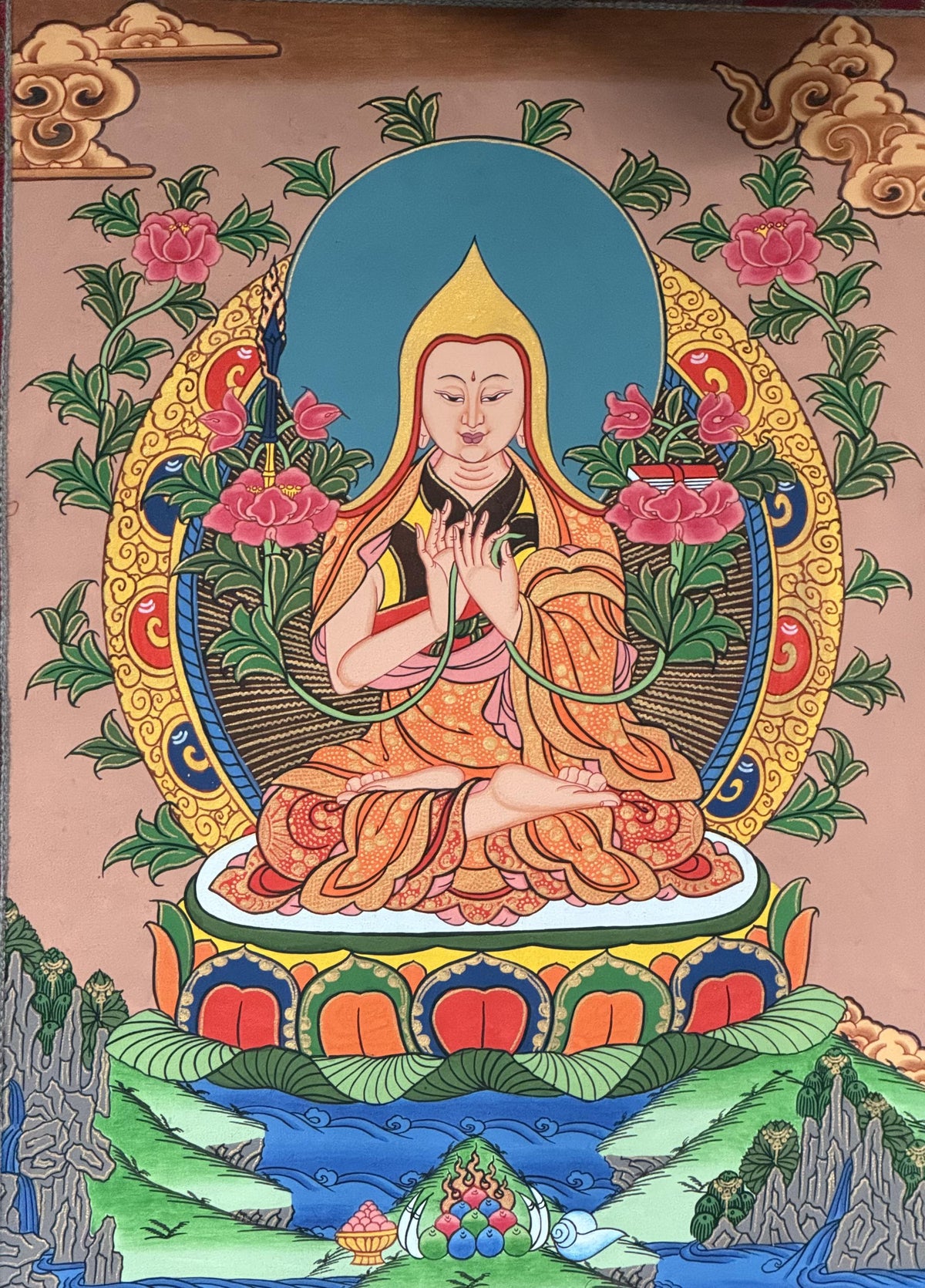 Je Tsongkhapa Thangka Painting: Tibetan Master Art with Silk Brocade